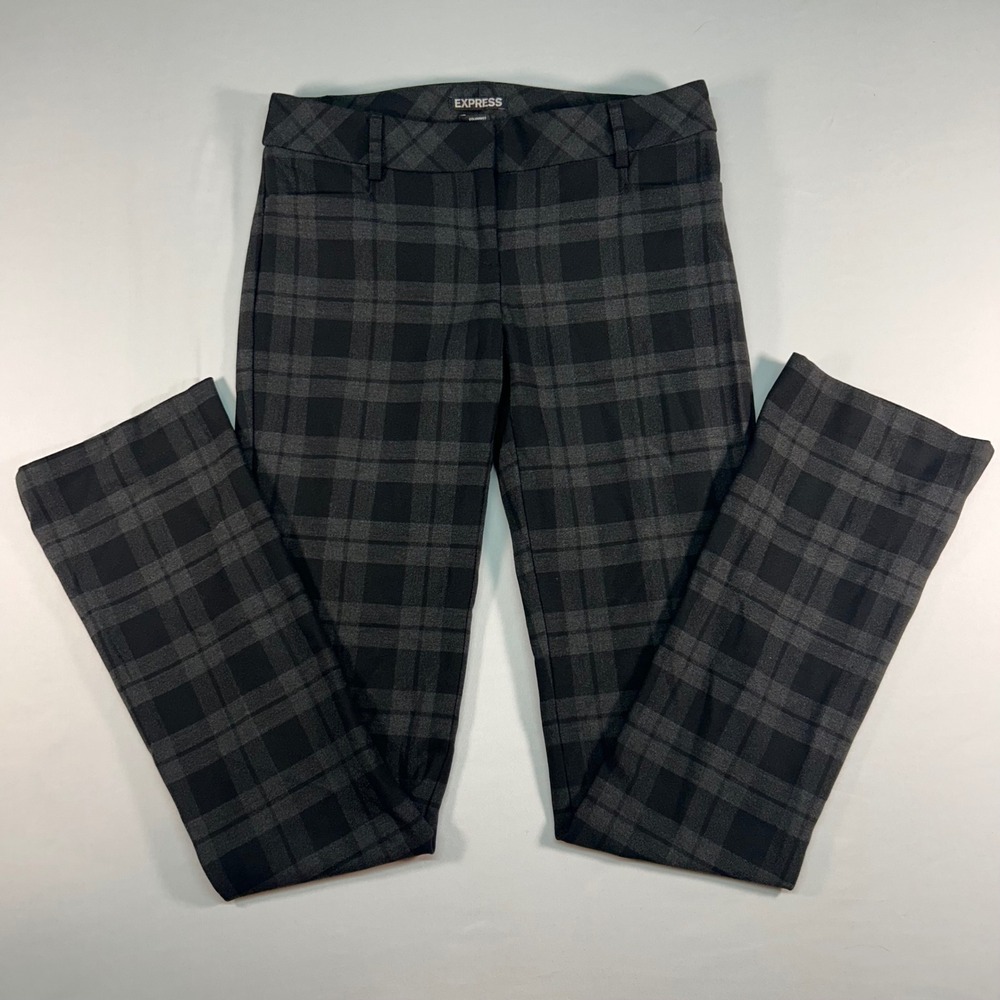 Express Columnist Dress Pants Womens 0 Grey Black Plaid Stretch Trousers RN55285